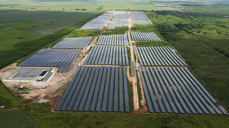 Central de paneles solares Un terreno con muchos paneles solares vistas desde el cielo
